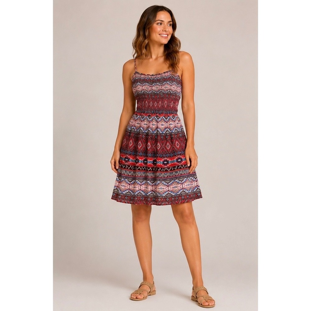 Pinky Boho Tribal Print Smocked Sundress Red Blue Geometric Mini Dress Size M